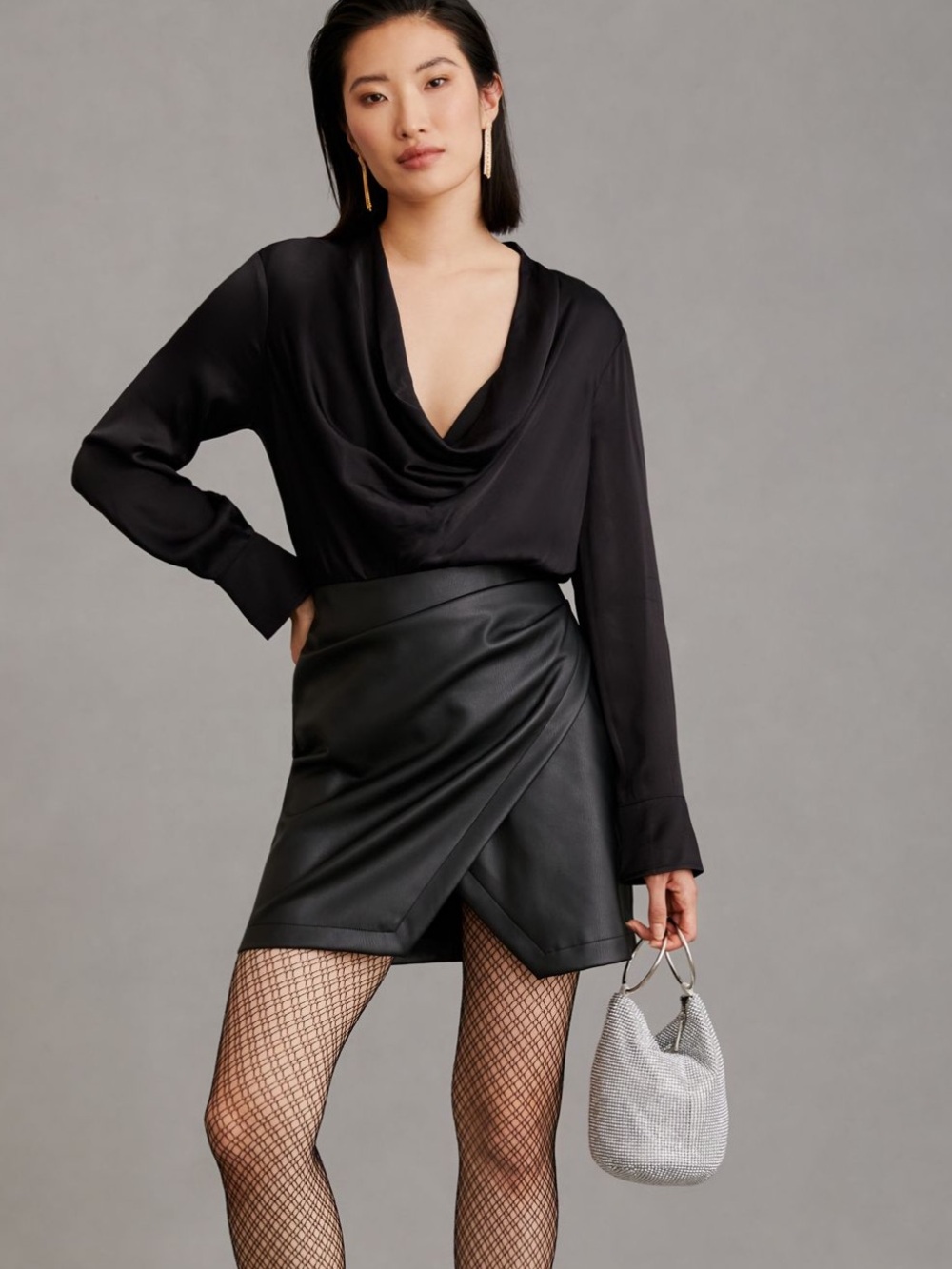 Anthropologie Maeve Black Plunge Faux Leather Dress Size 16